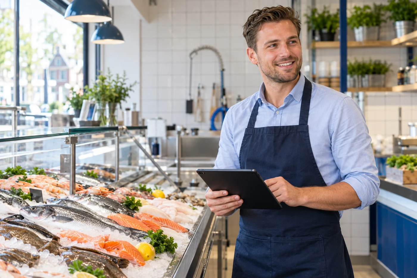 Medewerker in een moderne vishandel gebruikt een tablet bij de verse vispresentatie