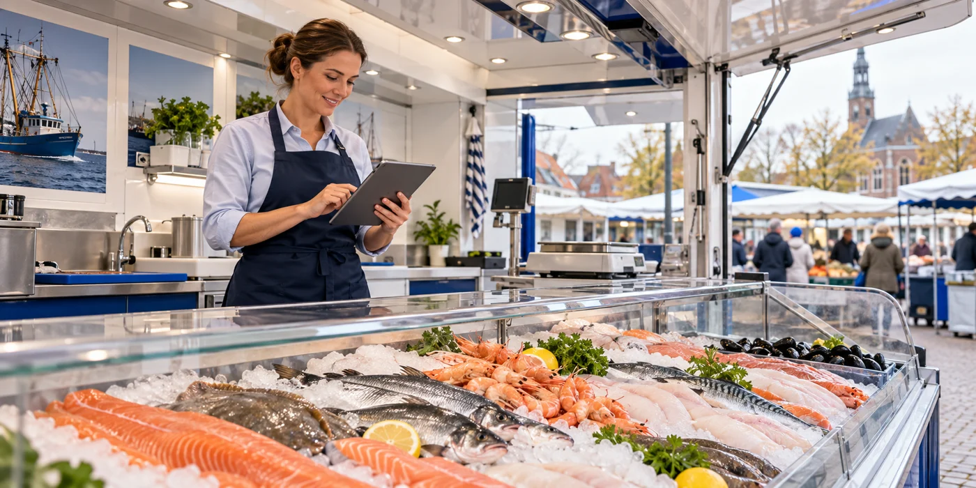 Onderneemster gebruikt een tablet in haar visverkoopwagen op de markt